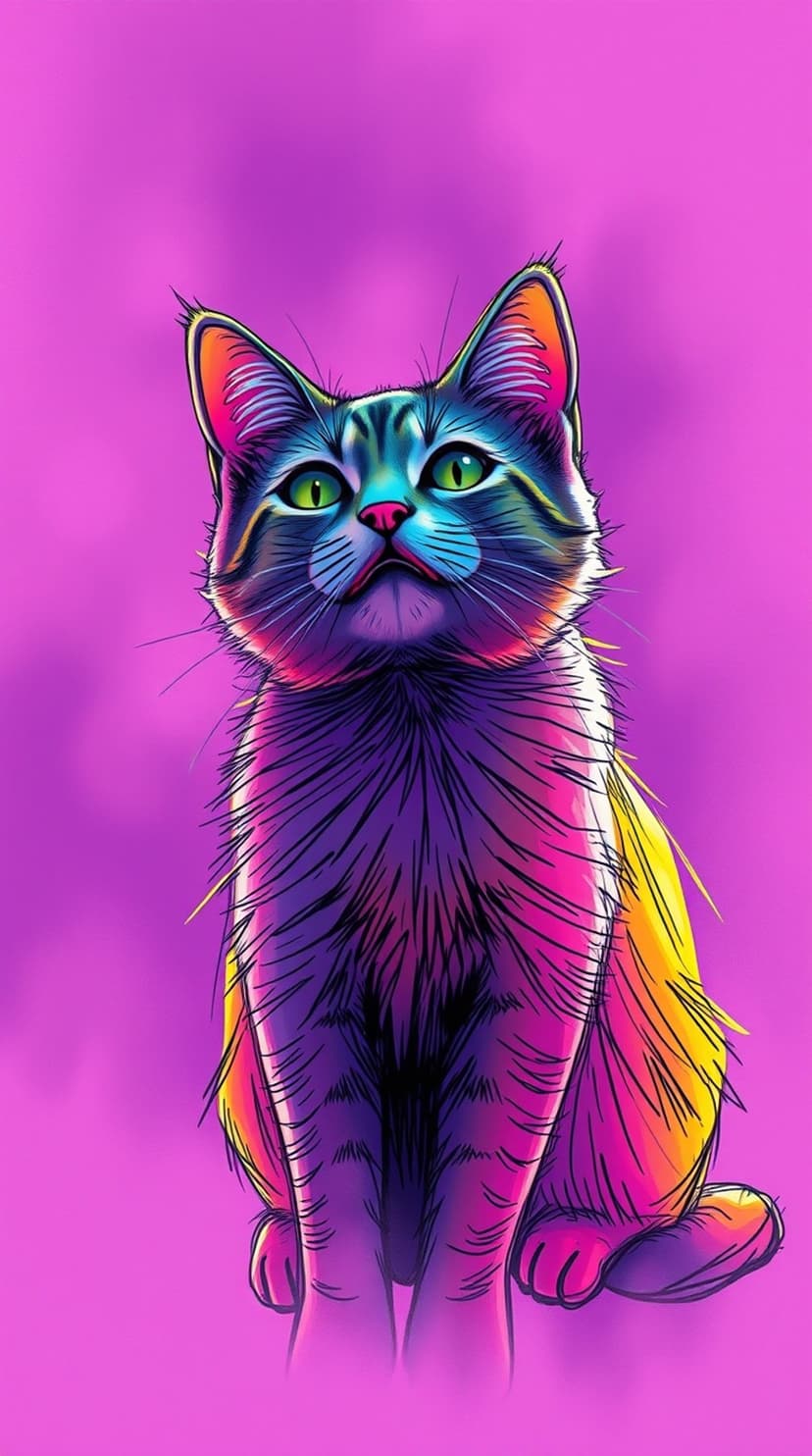Neon cat with emerald eyes and purple fur glows against a pink background in this vertical portrait composition.