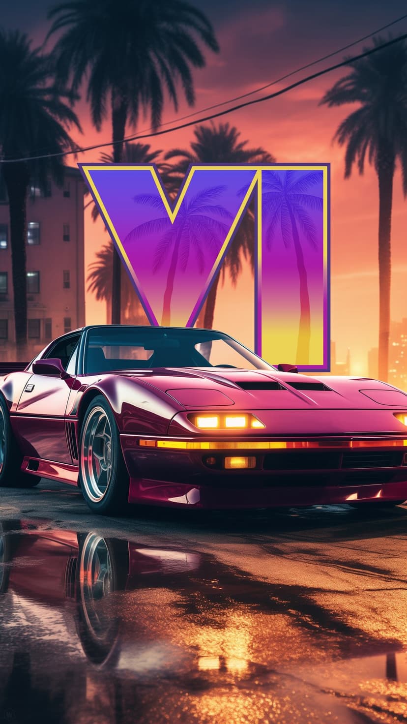 Red vintage sports car on a wet street reflecting a pink neon sunset with silhouetted palm trees in the background.