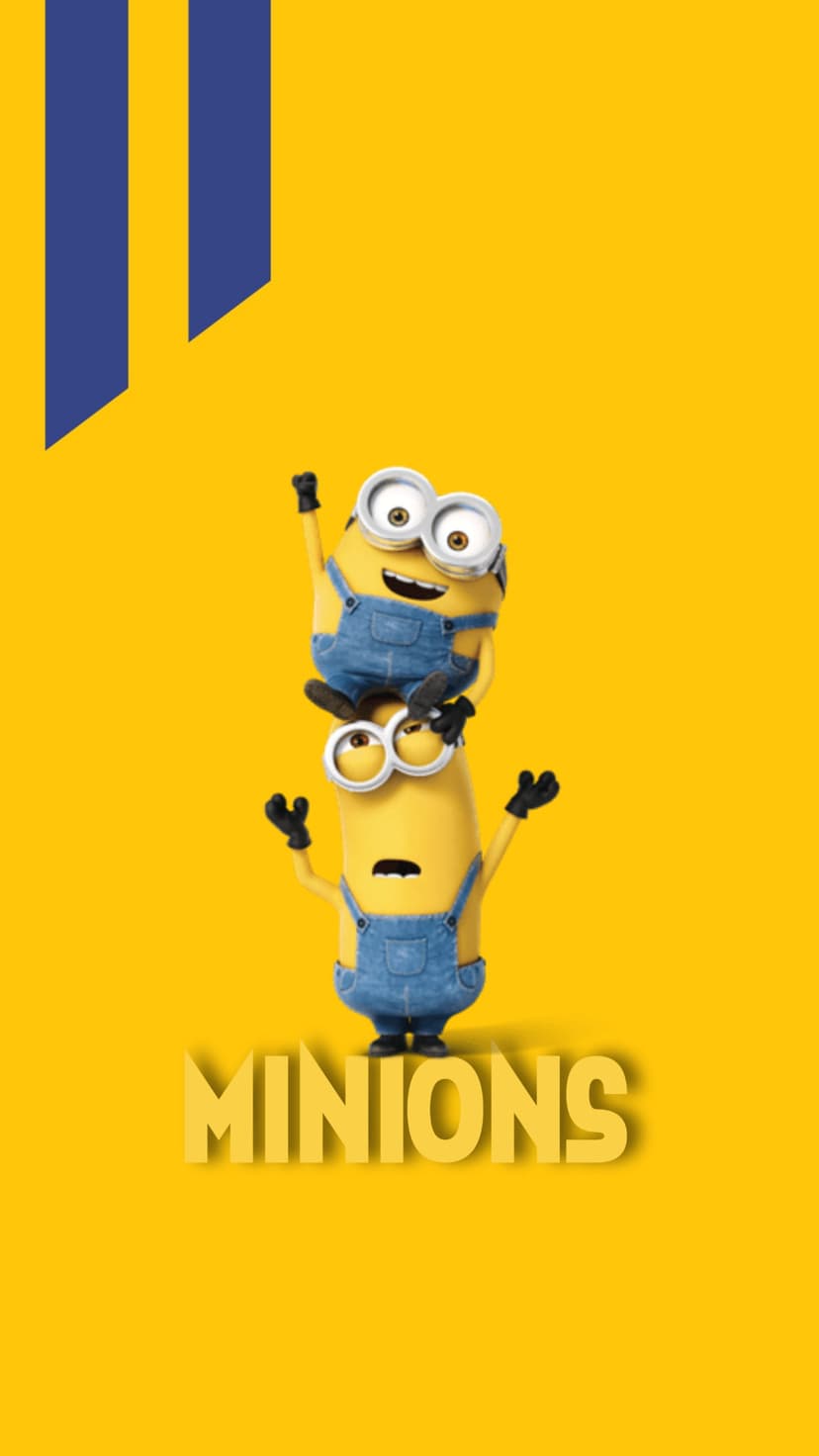 Two Minions stack vertically on a bright yellow backdrop featuring blue stripes and bold 3D lettering.