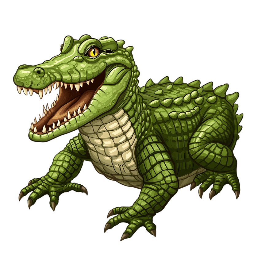 Green alligator reptile with open mouth and sharp white teeth stands against a solid black background.
