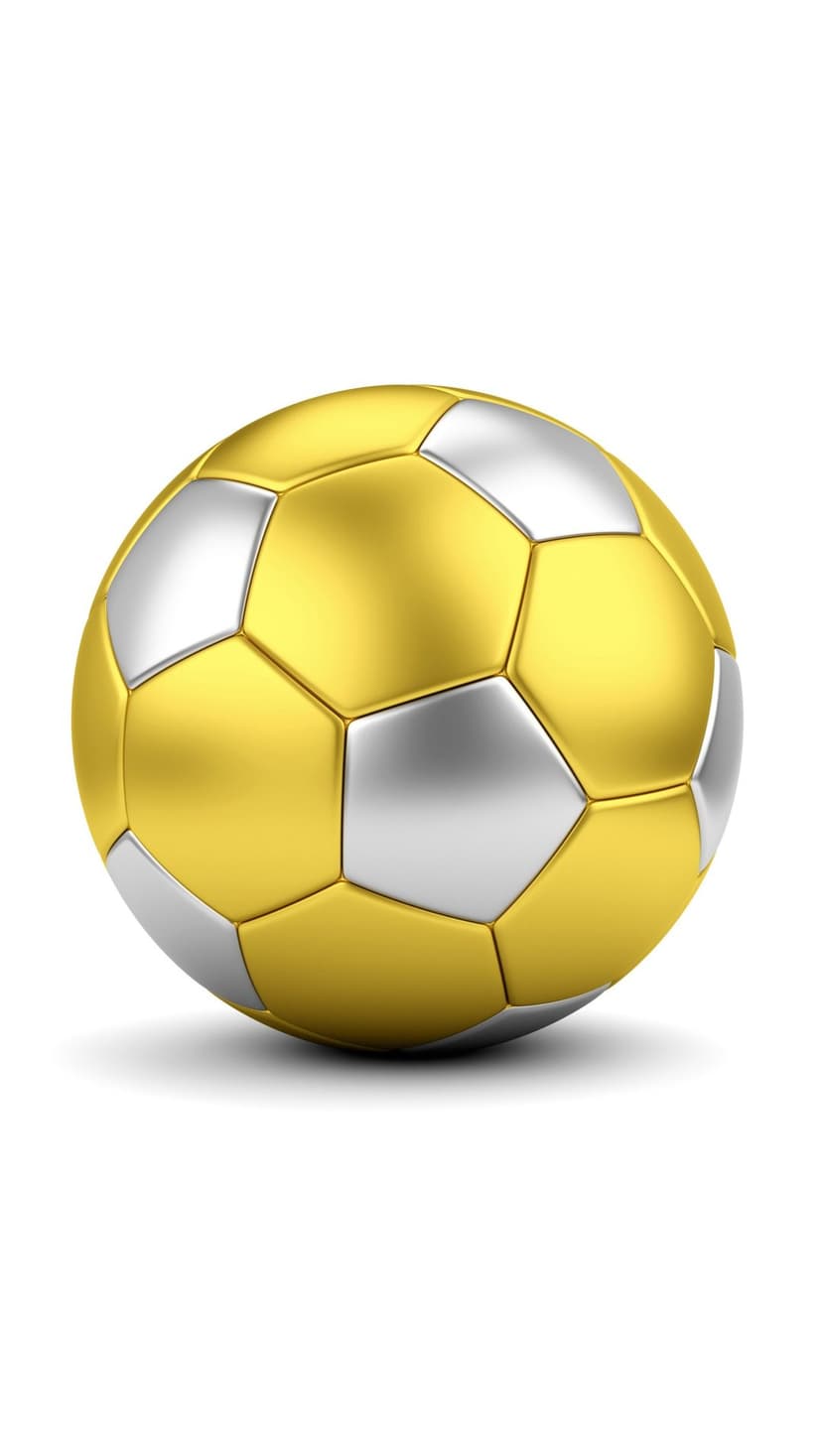 Soccer ball with alternating metallic gold and silver panels centered on a minimalist bright white background.