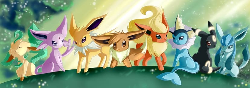 Eevee and its evolutions stand together on a grassy hill under beams of warm sunlight in a panoramic landscape.