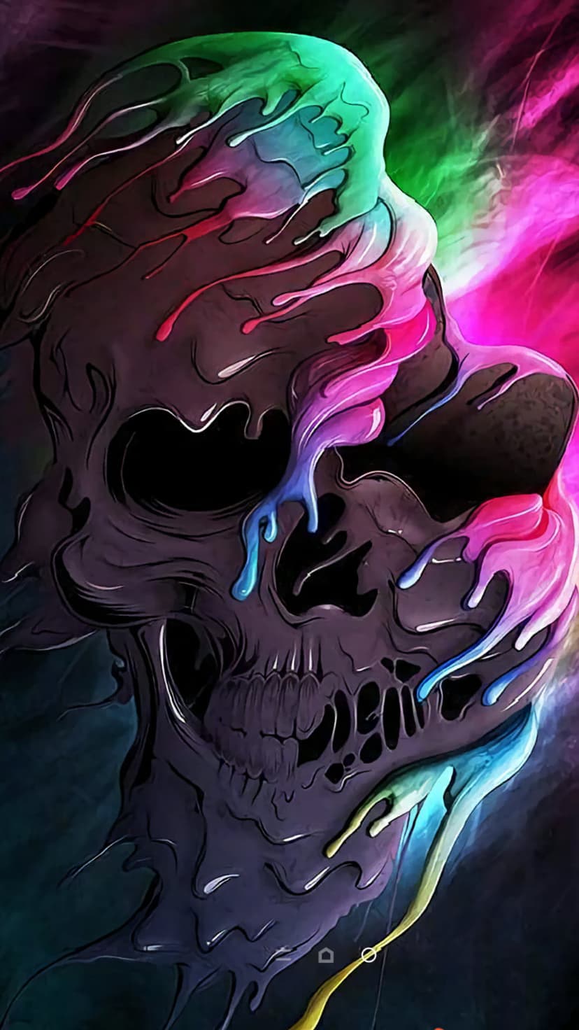 Dark skull with glowing magenta, cyan, and lime green paint dripping from the cranium against a black backdrop.