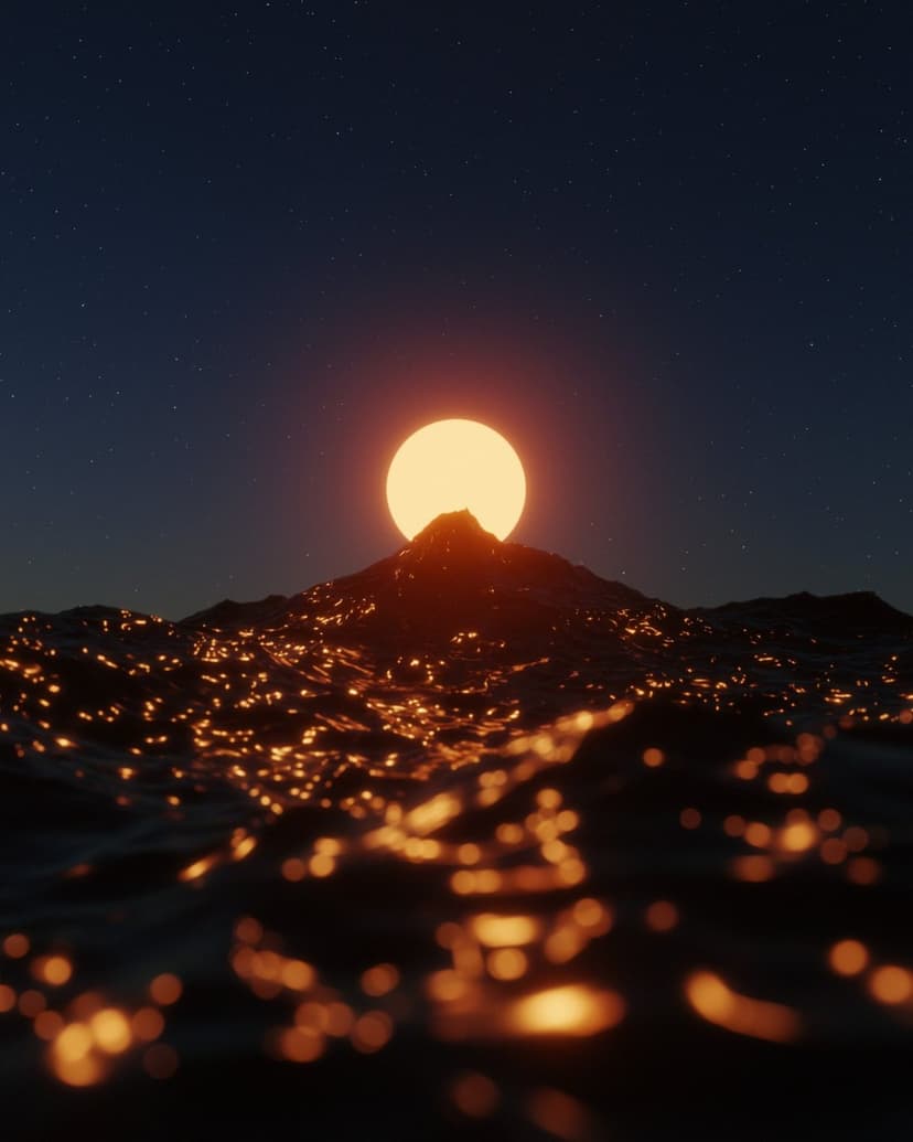 Massive glowing sun dipping behind a dark mountain ridge as orange lights sparkle on choppy ocean water.