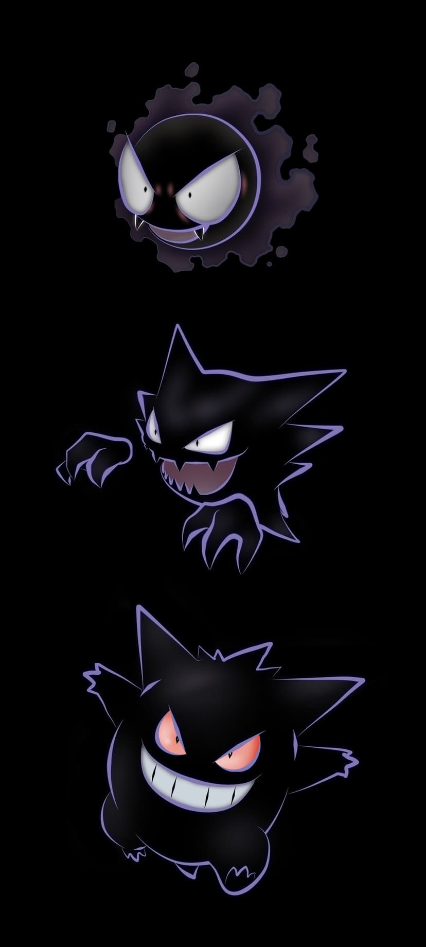 Gastly, Haunter, and Gengar stacked vertically with purple glowing outlines on a solid black background.
