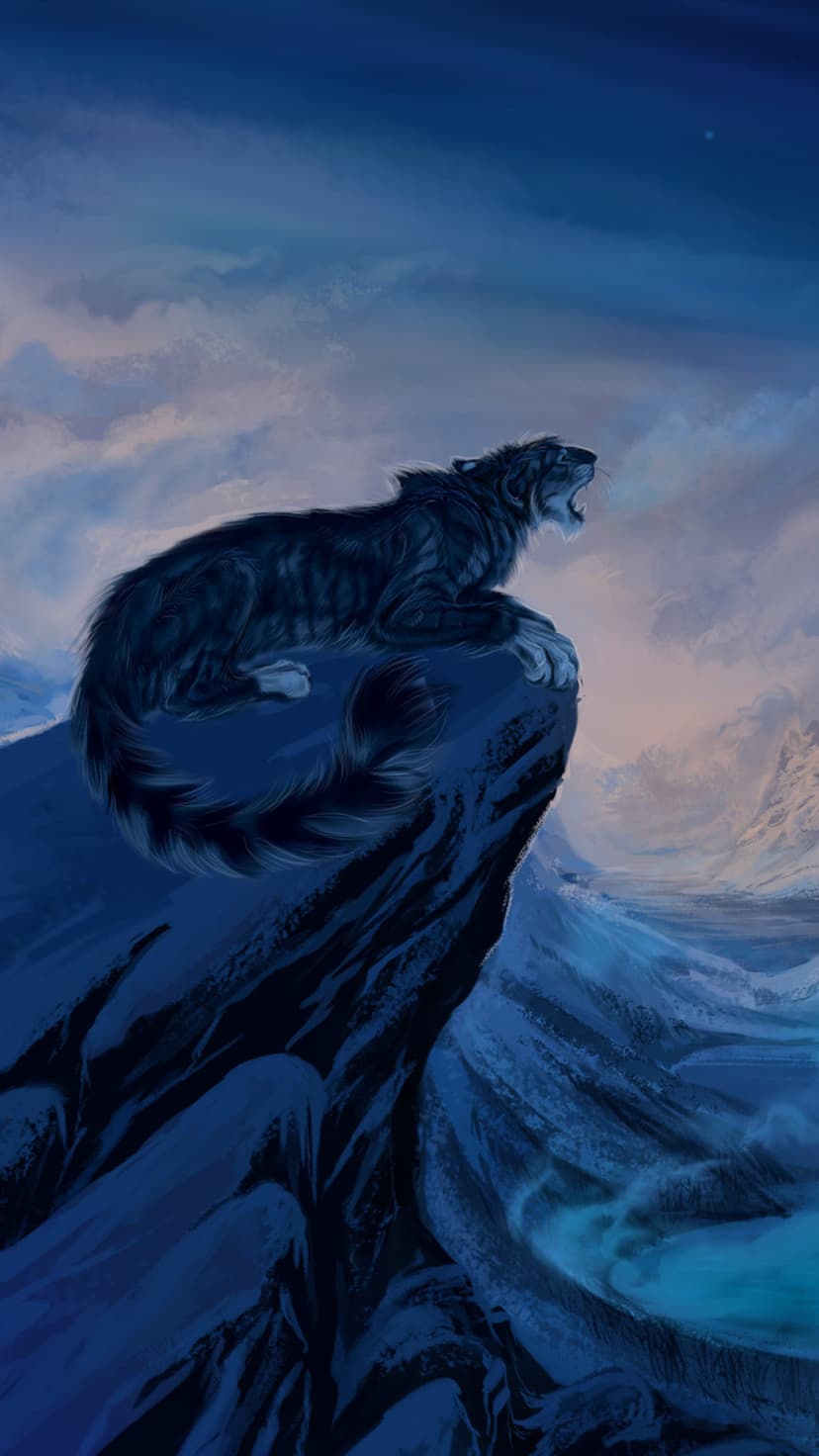 Black wildcat with an open mouth roars from a snowy mountain peak under a blue twilight sky with a faint star.