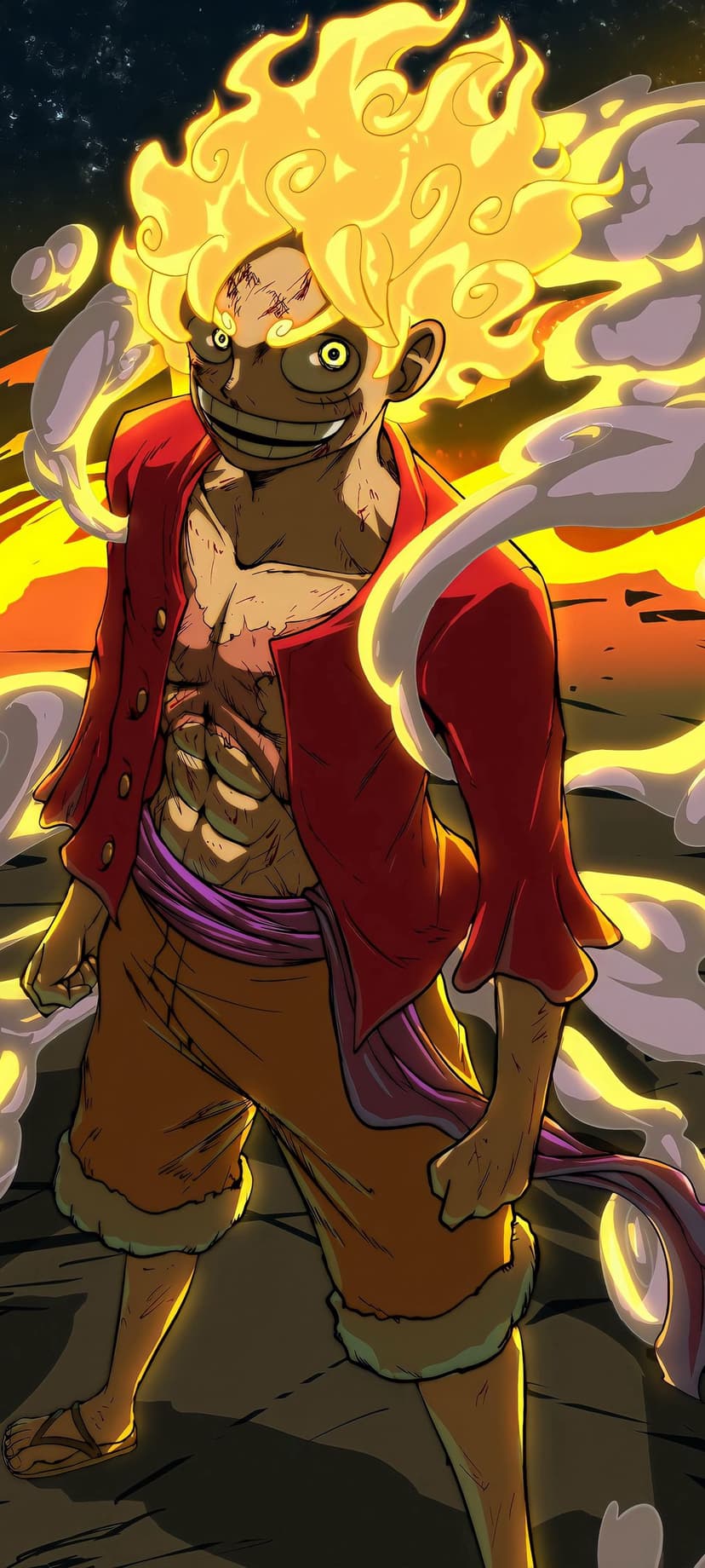 Monkey D. Luffy in Gear 5 form with white hair and glowing eyes stands before a backdrop of swirling orange flames.