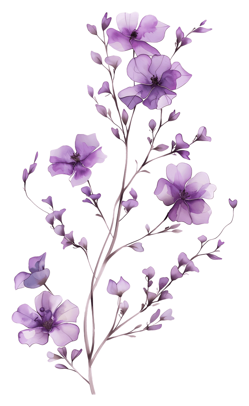 Purple watercolor flowers featuring hand-painted violet petals and green leaves in a transparent floral bouquet.