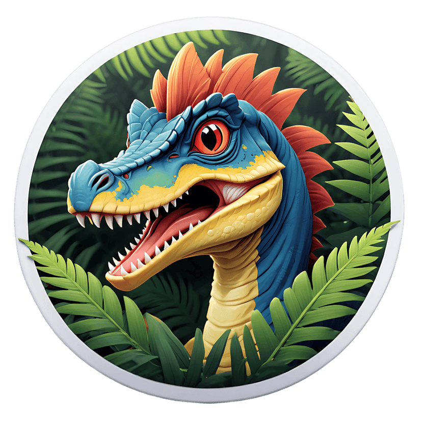 Blue dinosaur 3D sticker head featuring orange crests and red eyes inside a circular jungle foliage frame.