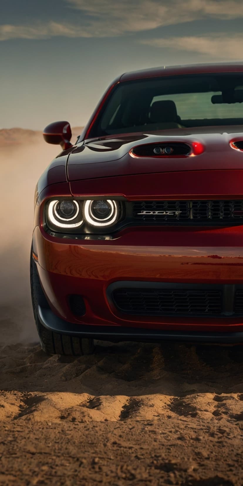 Red Dodge Challenger Hellcat driving through desert dust with glowing headlights and aggressive front grille.