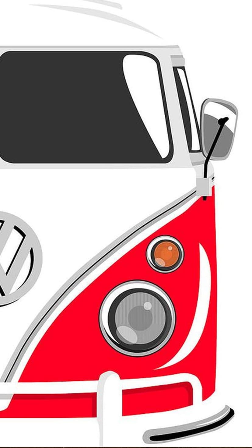 Red and white Volkswagen bus front view featuring round headlights and the iconic VW logo on a white background.