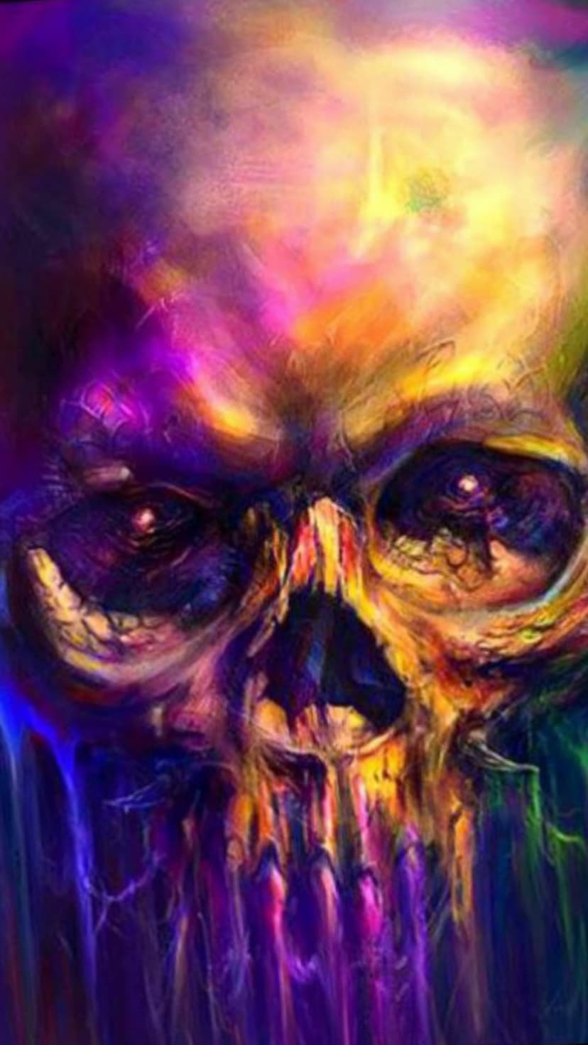 Skull with dripping features and neon swirls of violet, gold, and magenta against a dark textured surface.