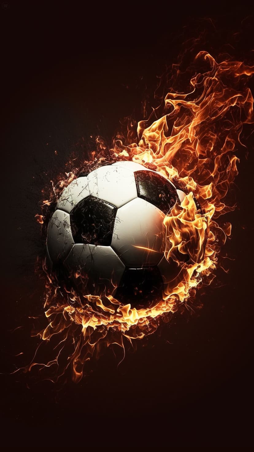 Soccer ball burning with bright orange flames and glowing embers set against a dark, shadowy background.
