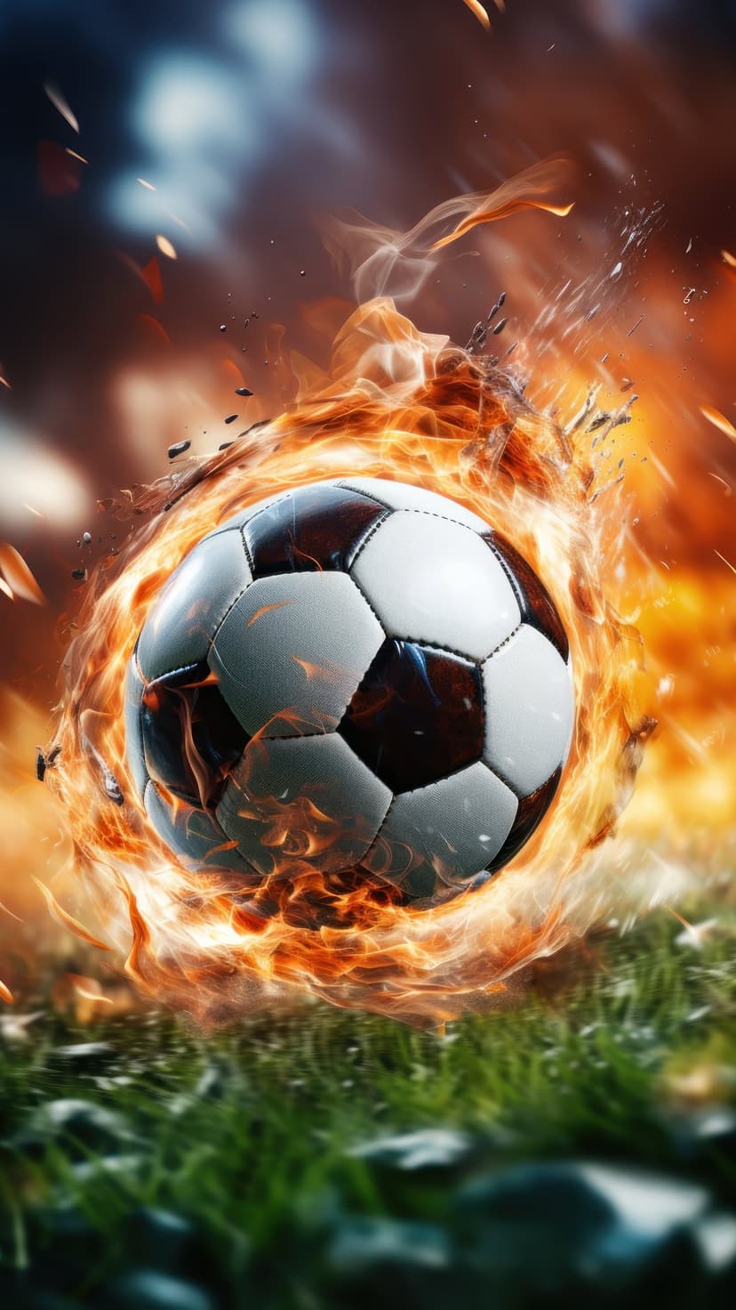 Soccer ball wrapped in intense orange flames and embers hovering above a textured green grass field at night.