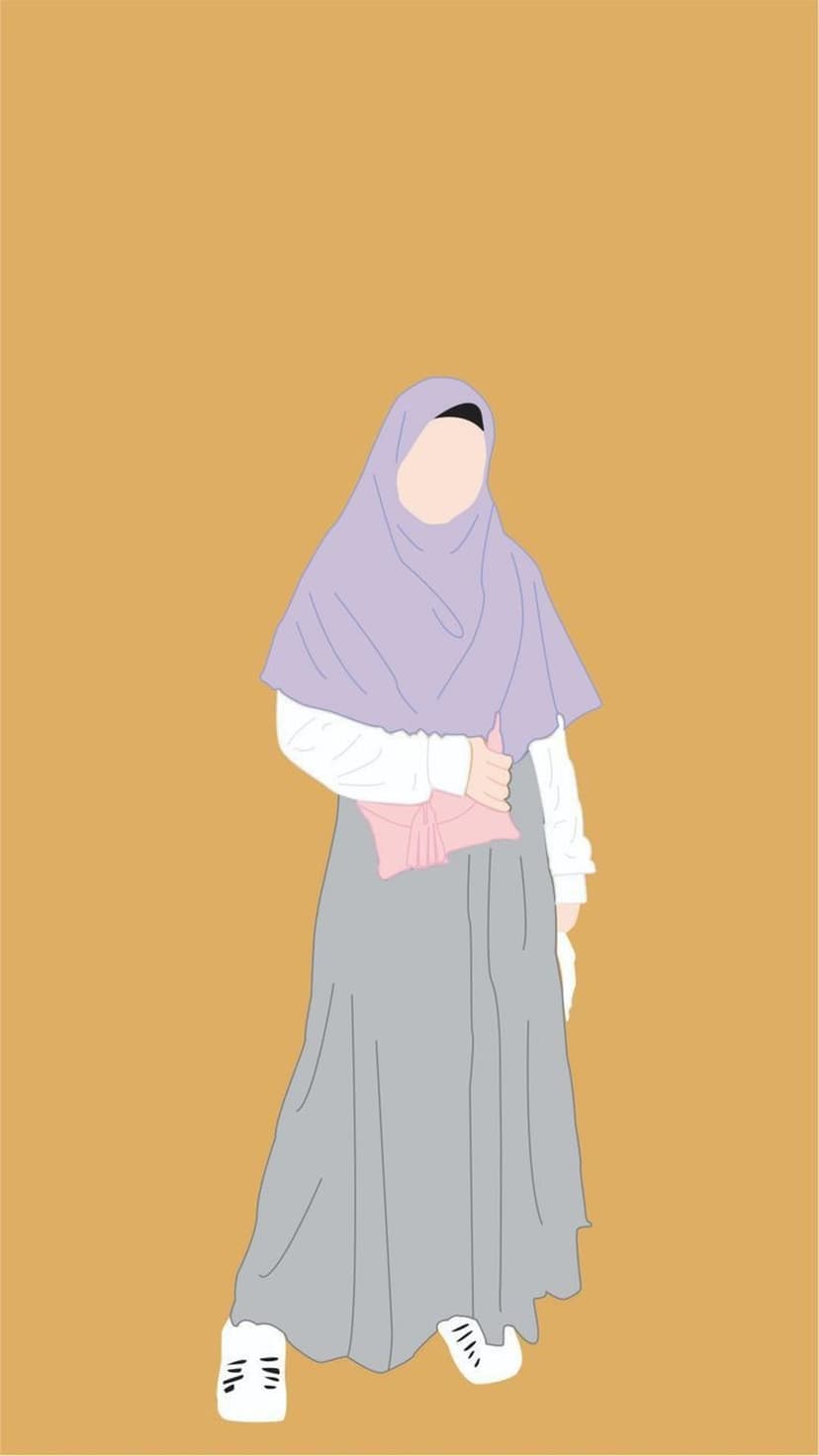 Woman in a lavender hijab and grey skirt holding a peach clutch against a solid mustard yellow background.