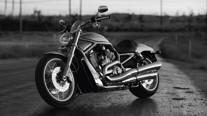 Polished monochrome cruiser motorcycle parked on a quiet asphalt road with a soft blurred background at dusk.