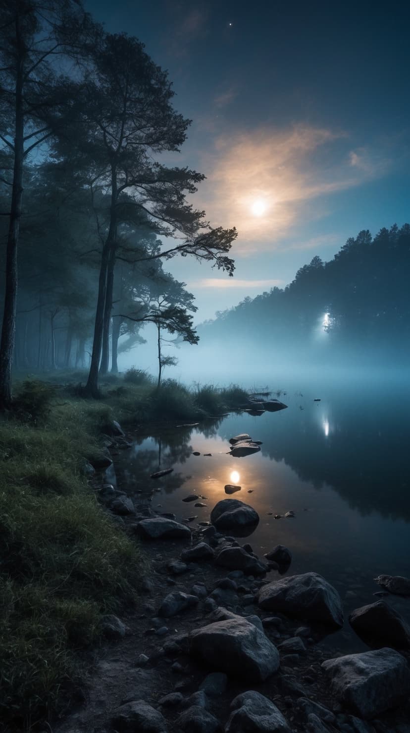 Luminous moon hangs over a misty lake with pine tree silhouettes reflected in the calm water at dawn.