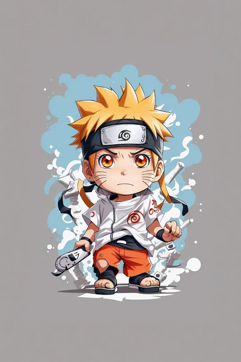 Naruto Uzumaki in chibi form with spiky blonde hair and an orange jumpsuit showing a determined face.