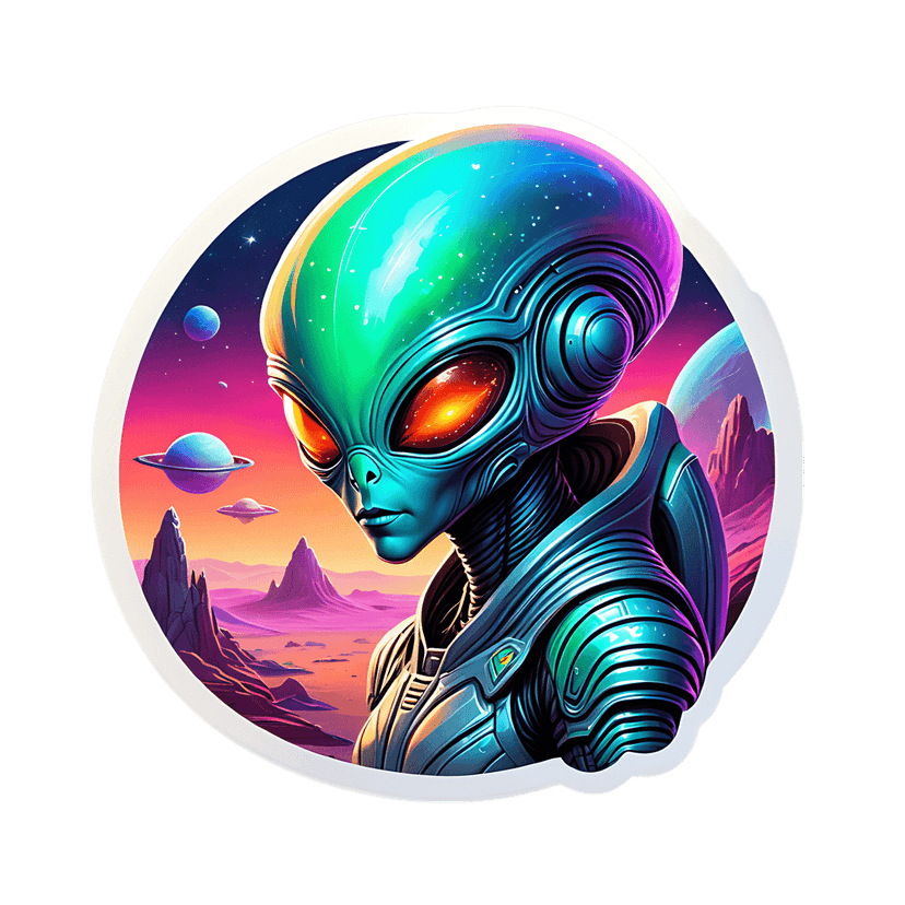 Alien creature sticker wearing metallic teal armor stands on a cosmic planet with ringed worlds and a starry sky.