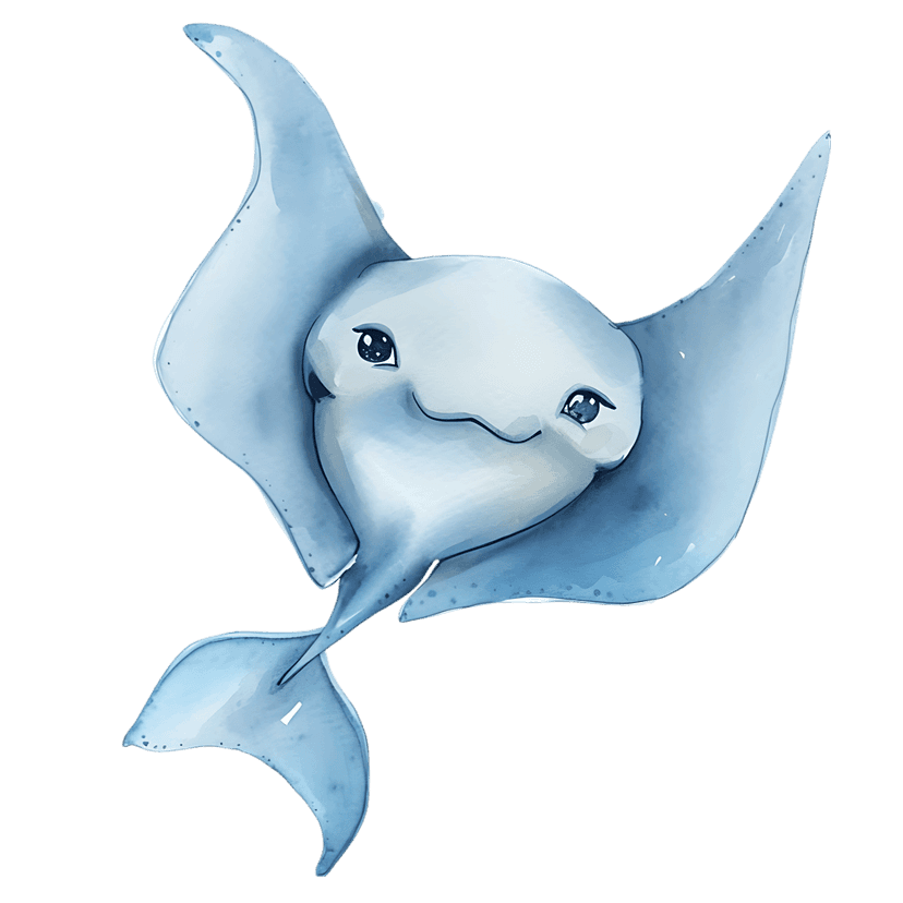Cartoon stingray illustration featuring blue watercolor textures and soft edges on a transparent background.