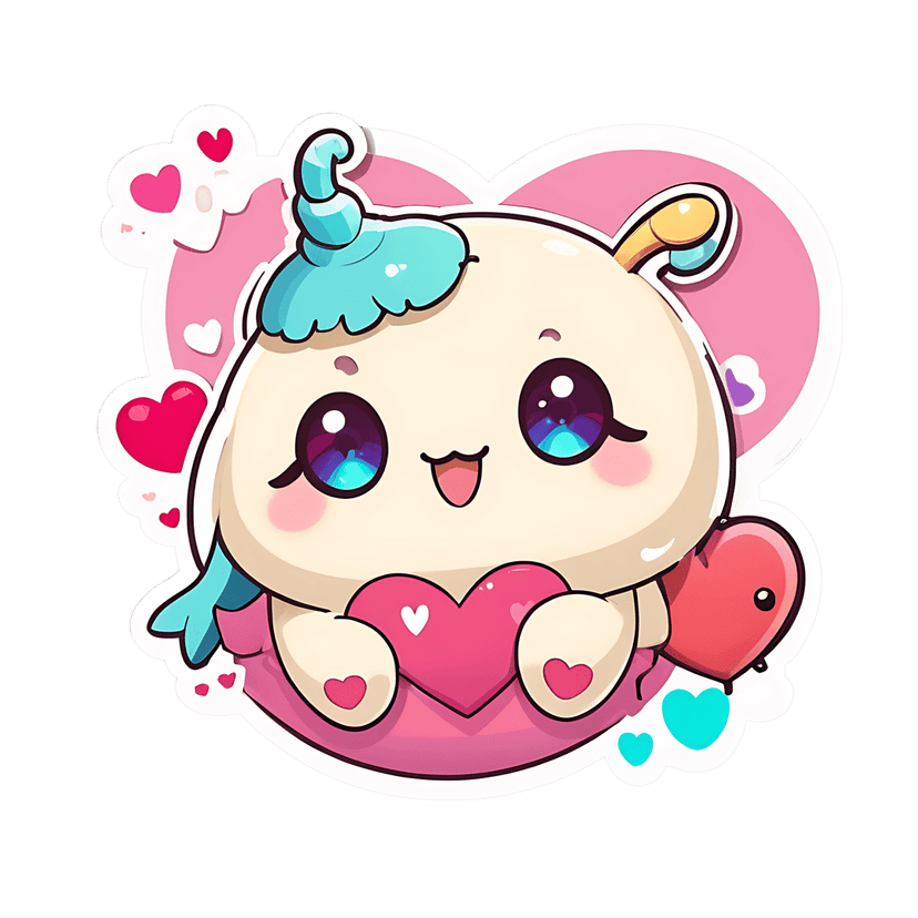 Beige chibi character sticker holding a pink heart with glossy eyes and white borders on a dark background.