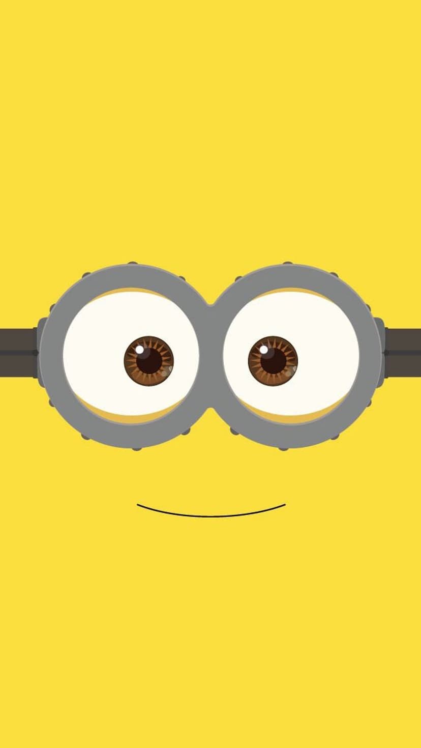 Minion with silver goggles and a small smirk centered on a solid yellow background for a vertical screen display.