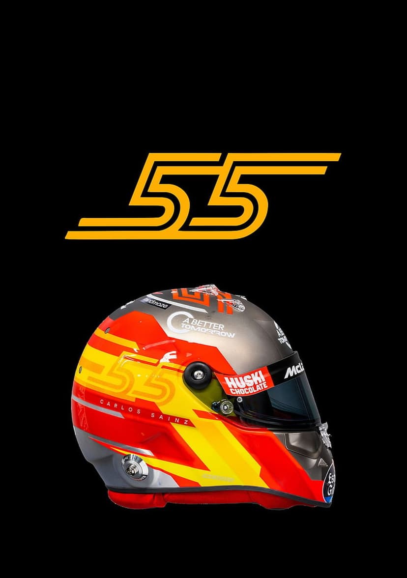Carlos Sainz racing helmet displaying a vibrant red and yellow 55 logo set against a deep black background.
