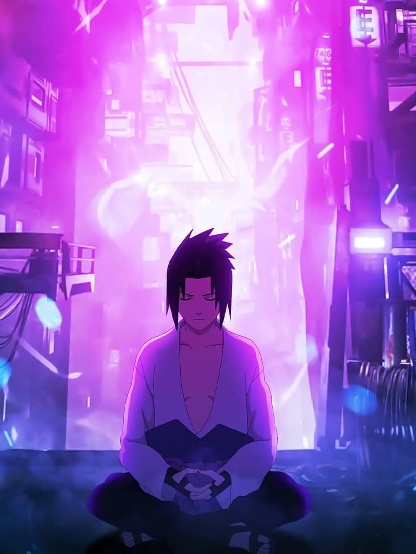 Sasuke Uchiha sits cross-legged while pink energy swirls within a glowing neon cyberpunk metropolis at night.