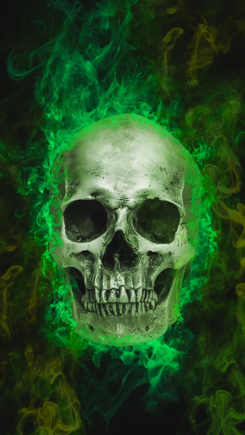 Weathered human skull centers a swirl of luminescent green and yellow vapors against a deep black background.