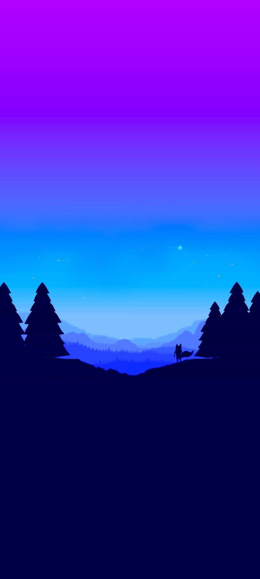 Lone fox silhouette stands on a mountain ridge under a vibrant purple and blue starry neon gradient sky.