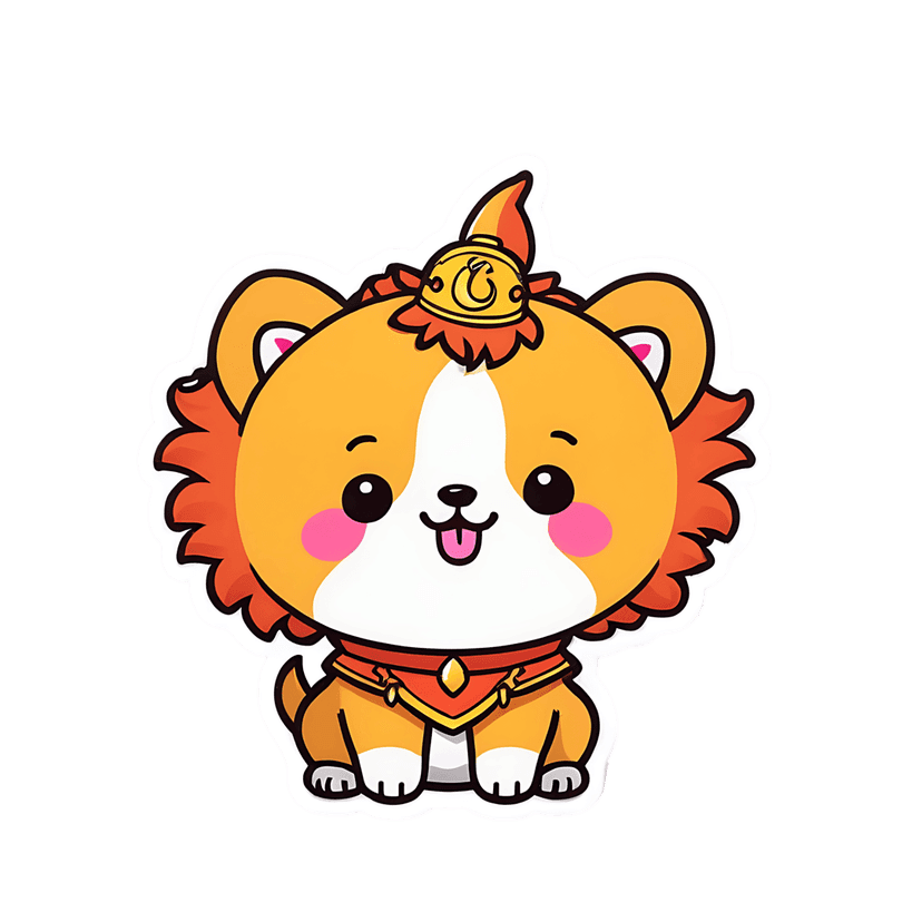 Orange puppy sticker vector featuring a sitting chibi dog with red ruffles, a gold crown, and glossy eyes.