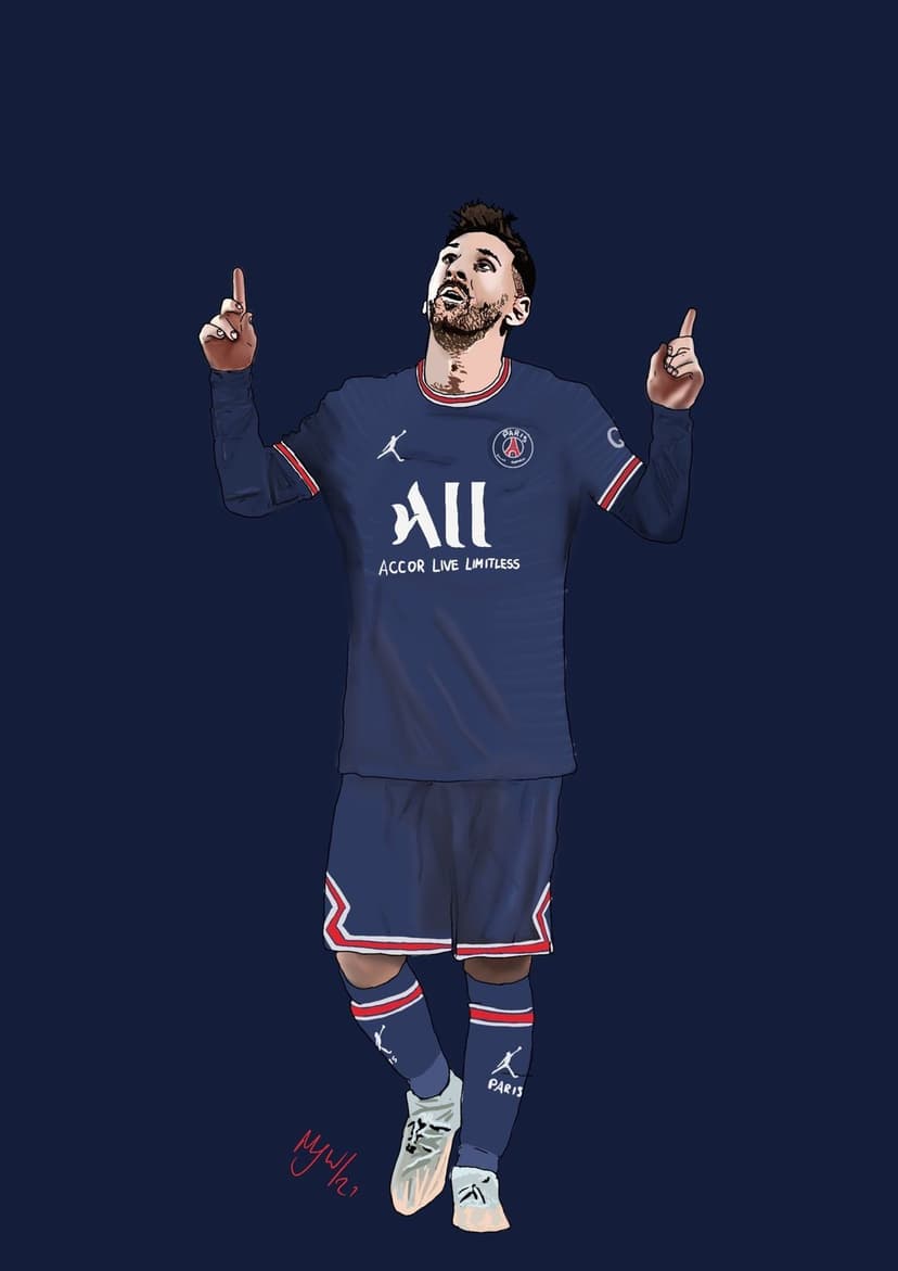 Lionel Messi in a navy soccer jersey points both hands toward the sky against a solid dark blue background.