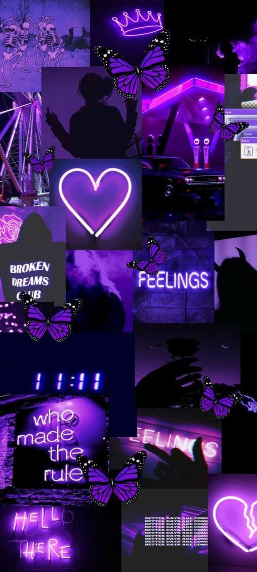 Glowing purple butterflies and neon signs surround a silhouette, Ferris wheel, and car in a moody collage.
