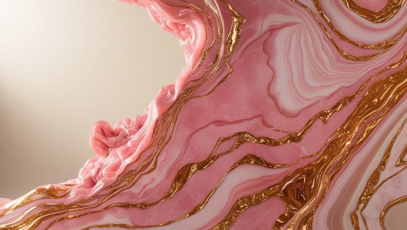 Pink and white marble swirls with metallic gold veins flowing in a vertical fluid art texture composition.