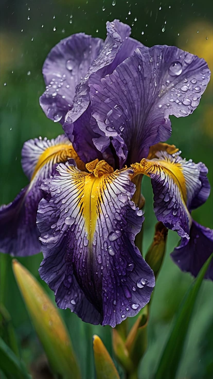 Purple iris petals covered in clear water droplets against a soft green garden bokeh in sharp macro focus.