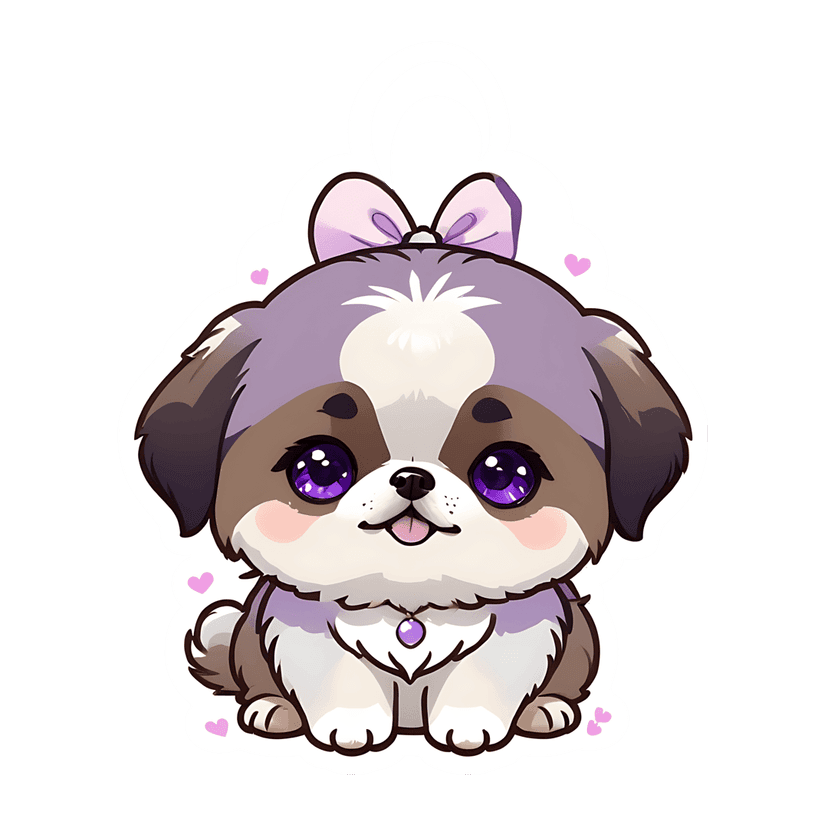 Purple shih tzu puppy sticker with fluffy violet fur, large glossy eyes, a pink bow, and white die-cut border.