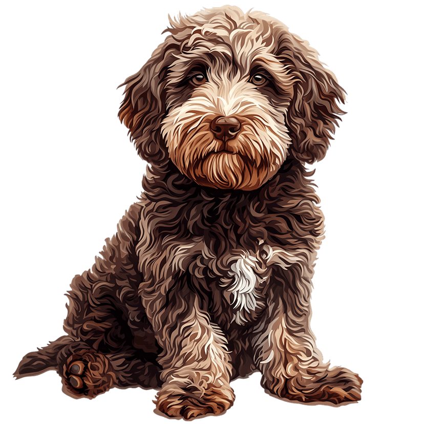 Fluffy brown dog portrait illustration with curly fur texture sitting against a solid dark background.