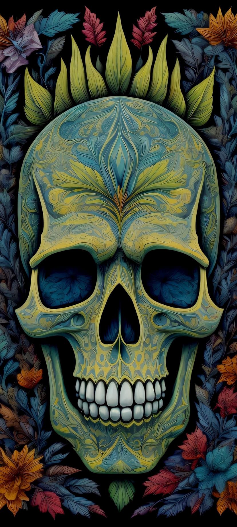 Ornate skull with yellow and teal floral patterns surrounded by dense colorful foliage on a dark background.