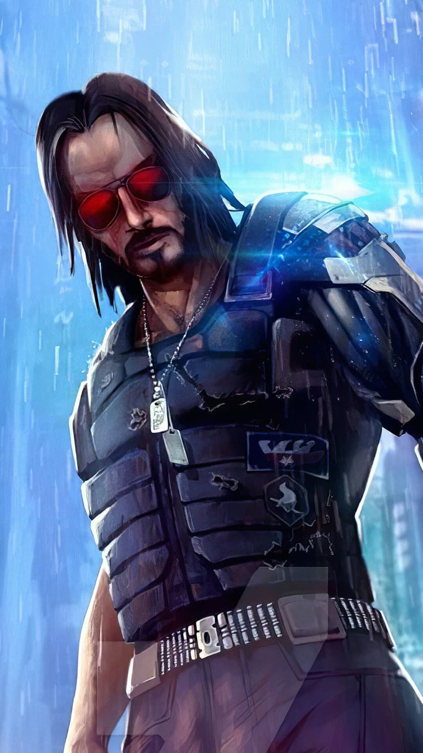 Johnny Silverhand with red sunglasses and a silver robotic arm standing in the rain with blue neon lights.