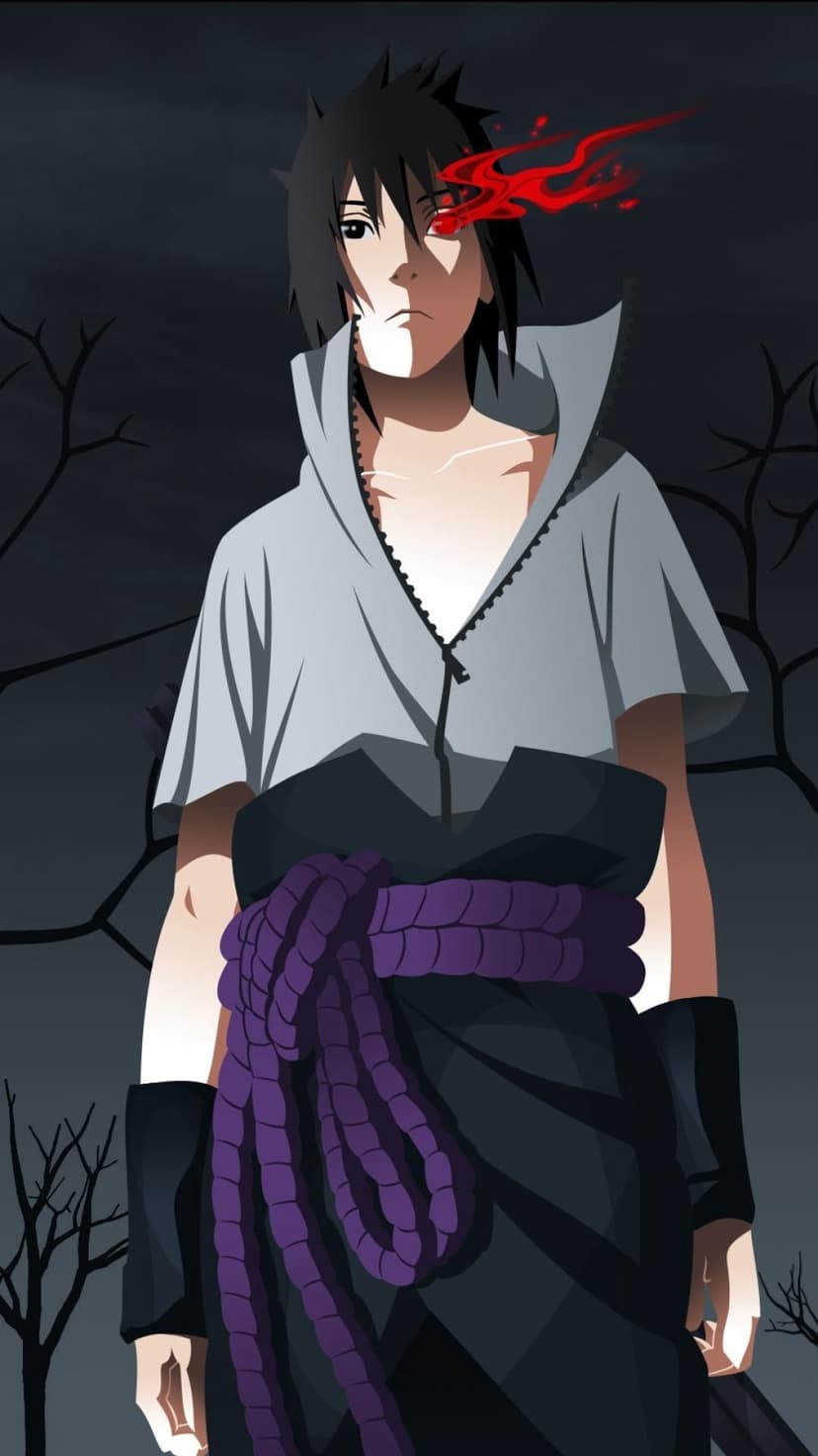 Sasuke Uchiha stares forward with a glowing red Sharingan and purple Rinnegan in a dark, moonlit forest.