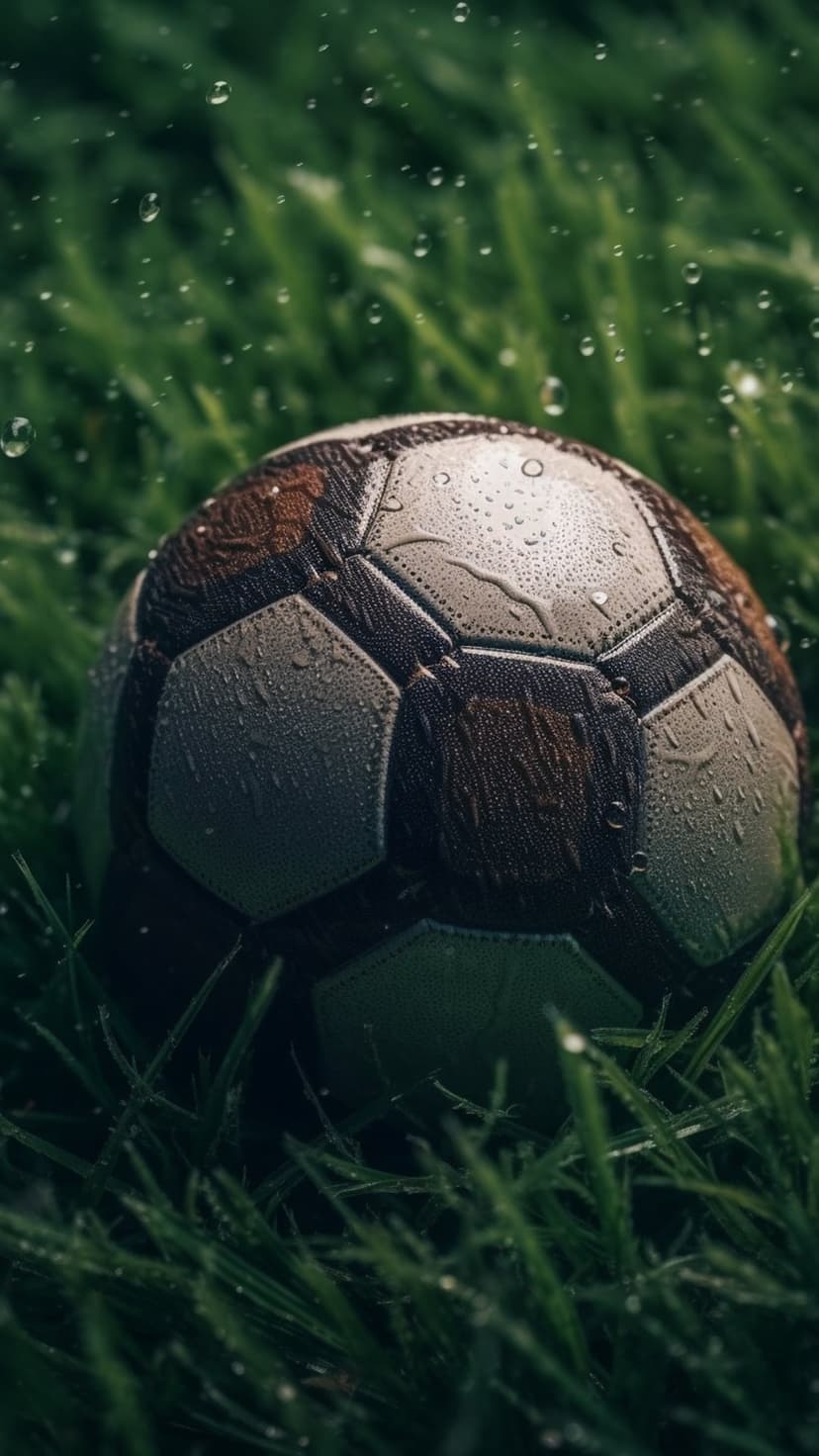 Soccer ball with water droplets on wet green grass after rain, captured in a close-up vertical perspective.