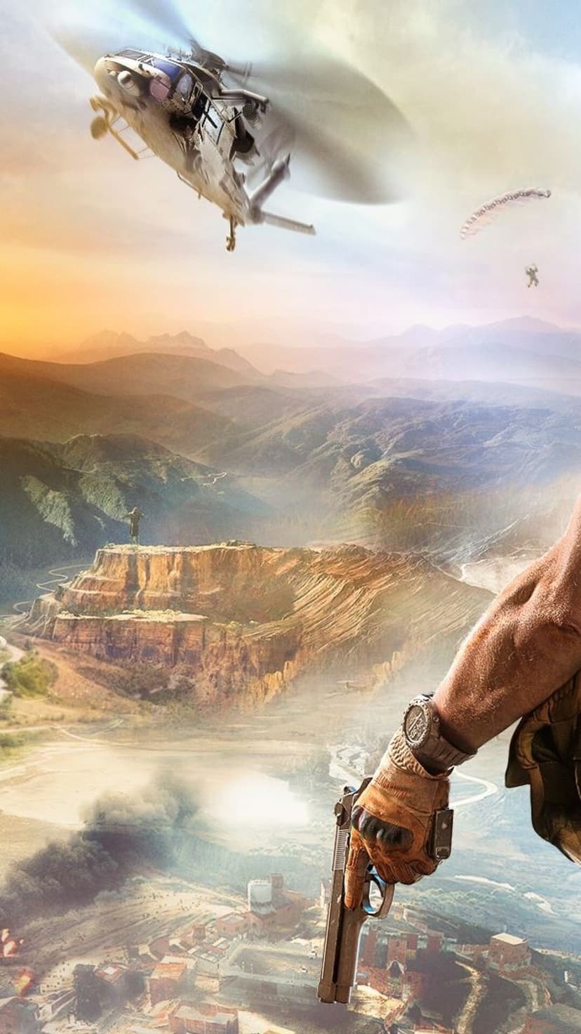 Soldier's hand holding a pistol over a vast mountain valley with a military helicopter in the sky.