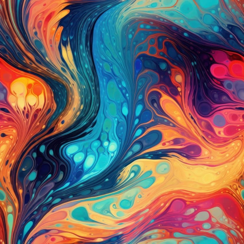 Swirling ribbons of orange, cyan, and pink paint intermingle in a fluid, marbled pattern with organic curves.