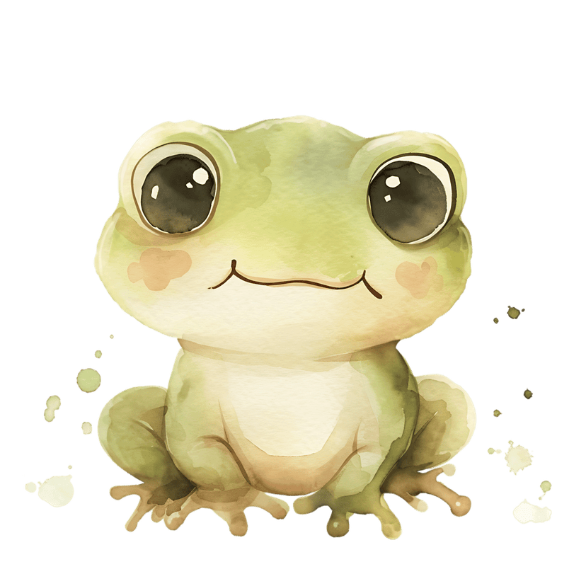 Watercolor frog illustration with large eyes, green skin, and paint splatters on a solid black background.