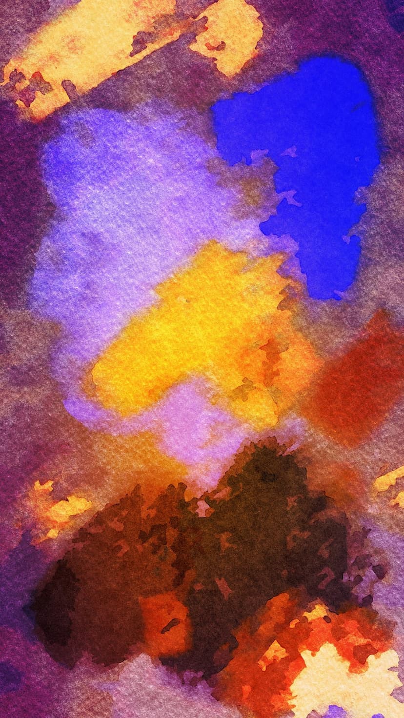 Vivid purple and blue watercolor splashes blend with fiery red and yellow pigments on grainy textured paper.