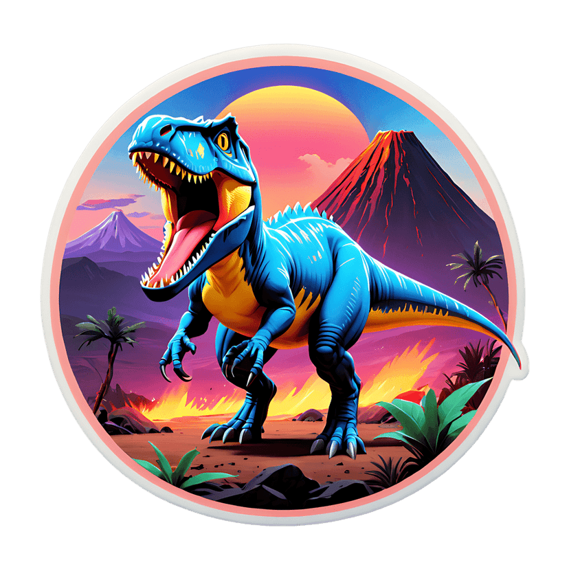 Blue Tyrannosaurus sticker decal featuring an erupting volcano, tropical palm trees, and sunset lighting.