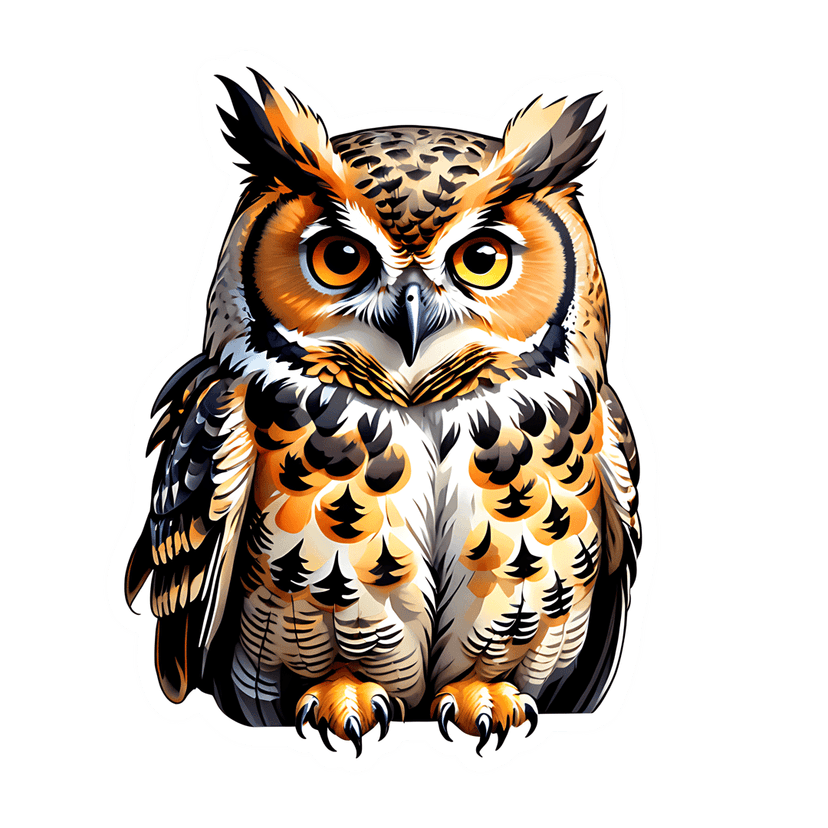 Orange owl sticker illustration with glossy finish, yellow eyes, and black plumage on a front-facing bird.