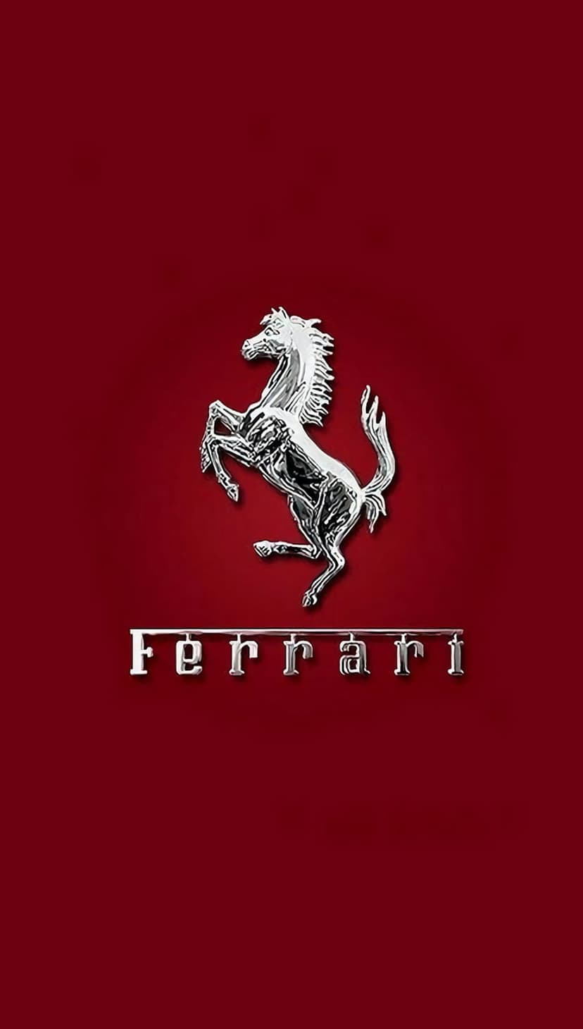 Silver Ferrari prancing horse emblem and brand name centered on a minimalist solid red background texture.