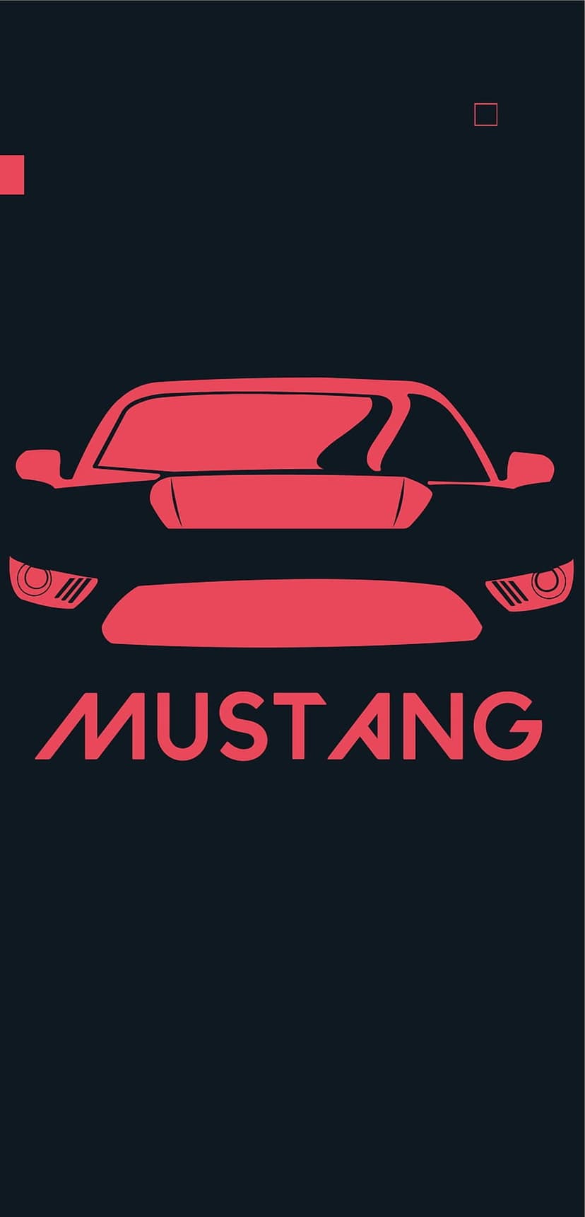 Red Ford Mustang silhouette and bold Mustang text centered on a solid black vertical background.
