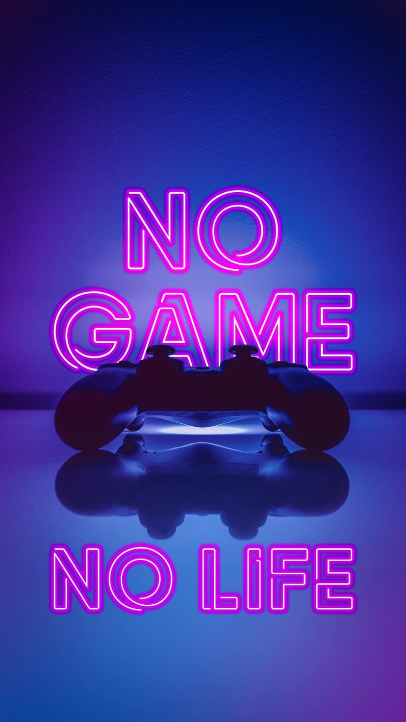Luminous neon video game controller centers a purple gradient background with glowing pink text reading No Game No Life